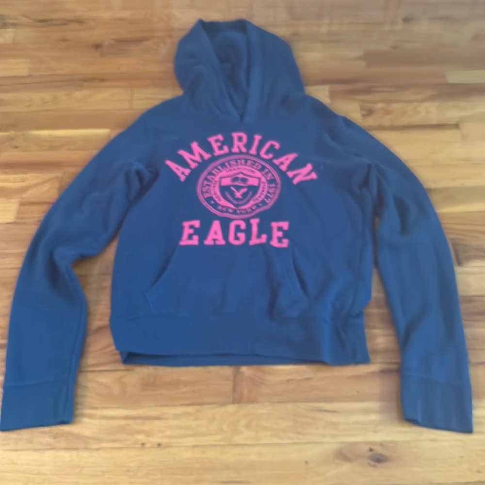 American Eagle Sweatshirt - Navy Blue and Pink Lettering